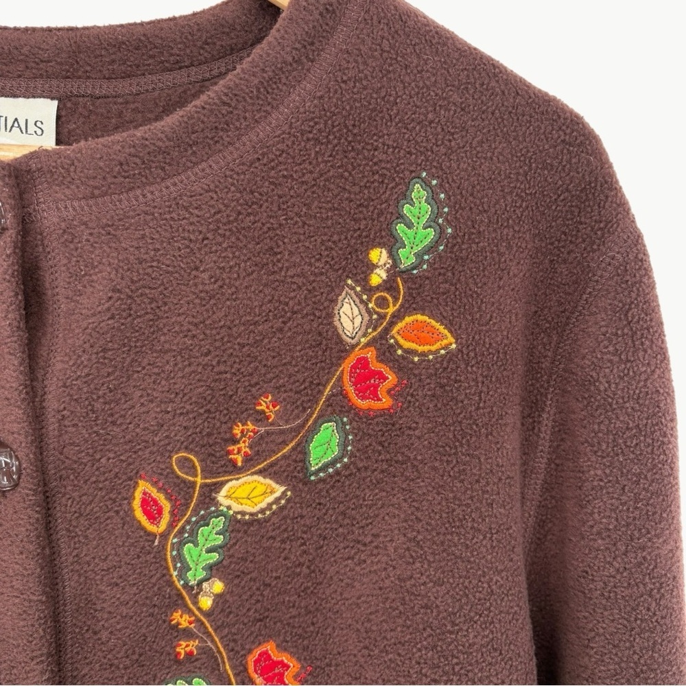 Vintage Maggie Embroidered Fleece Cardigan Size Large Brown 90s Cottagecore - Picture 4 of 9